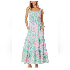 New Lilly Pulitzer Hardly Smocked Cotton Amalfi Blue Leaf It Wild Maxi Dress XS